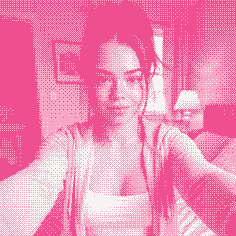 urlilgooness in a pink velour hoodie, looking at you, drawn in pink dots